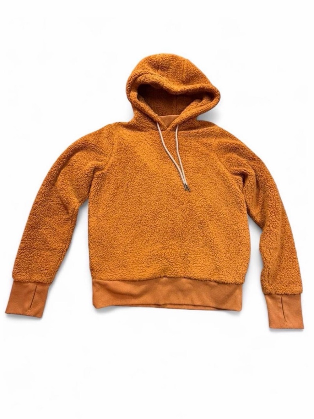 Athleta Cozy Sherpa Pullover Hoodie XS Camel Brown Teddy Fleece with thumb holes